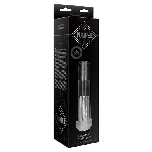 The Shots Pumped Automatic Cyber Pump Masturbation Sleeve, featuring a sleek black design with white text and graphics, showcases powerful suction through a transparent chamber and includes a top-mounted control panel for an enhanced experience. Comes with a free silicone cock ring.