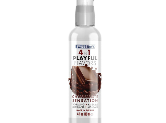 The Swiss Navy 4 in 1 Playful Flavors edible lube offers warming, kissable, massage, and lubrication features in a chocolate sensation. It contains 4 fl oz (118 ml) for a playful experience.