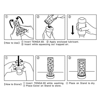 Illustration features guidelines for using the Tenga 3D Spiral Stroker. Top: Invert stroker, apply lubricant, insert while squeezing for spiraling sensations. Bottom: Invert for washing, place on stand to dry, cover for storage.