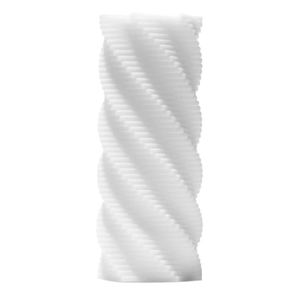 The Tenga 3D Spiral Stroker, a vertically elongated white object with a twisted spiral texture resembling a large screw or drill bit, casts a soft shadow on the plain white background.