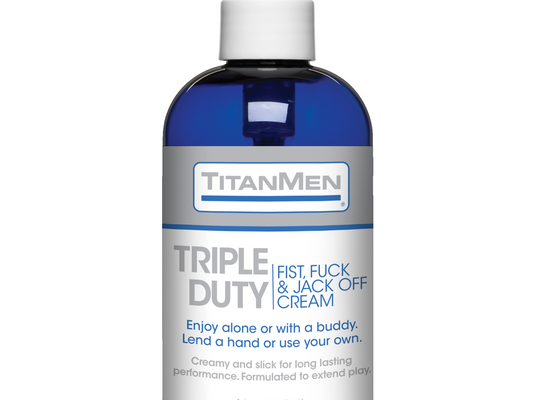 TitanMens Titanmen Triple Duty Fist, Fuck & Jack Off Cream in an 8 fl. oz. (236.5 ml) blue pump bottle acts as a long-lasting anal lubricant, ideal for solo sessions or partner play.