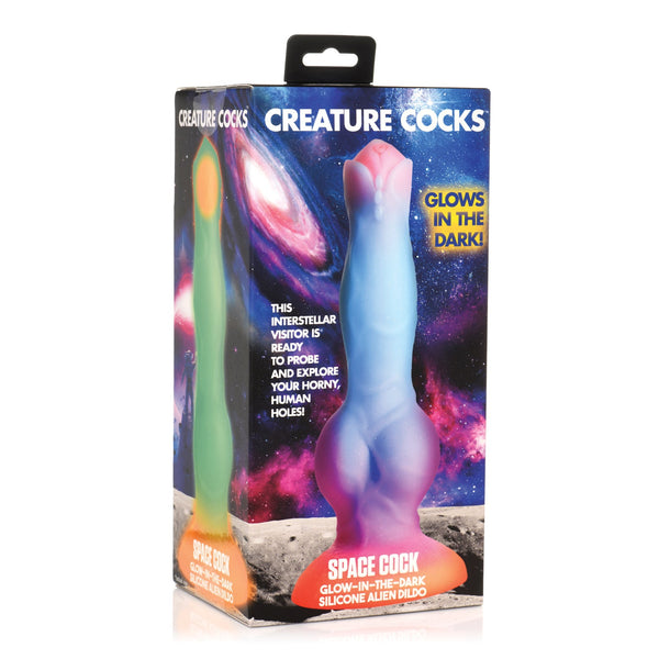 Creature Cocks Space Cock glow in the dark silicone alien dildo box, showing the blue to orange shaft with a beaded tip, knot and suction cup base.