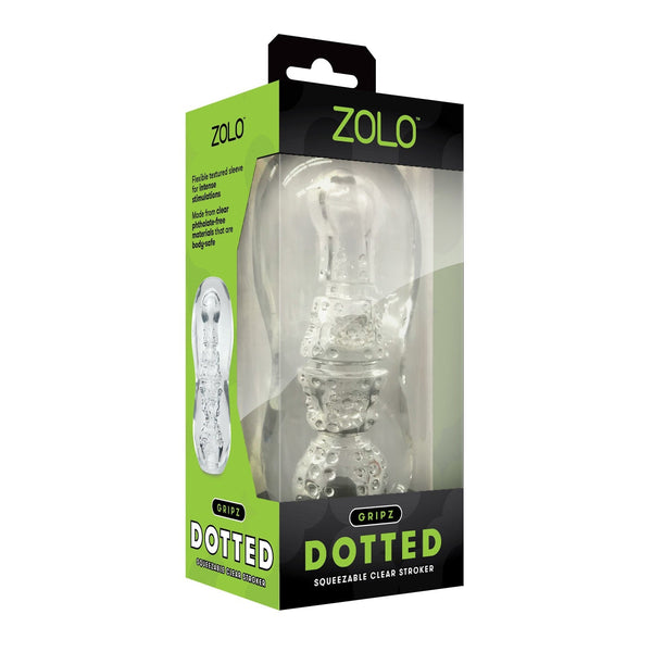 The image features the ZOLO Gripz Dotted Stroker by Zolo in its green and black packaging, labeled as a textured delight. The box, with a clear window, reveals the phthalate-free product inside.