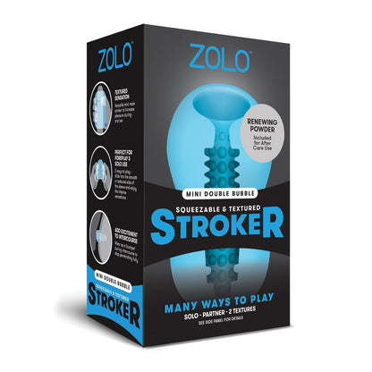 The image displays the packaging of the ZOLO Mini Double Bubble Stroker, a travel-sized male masturbator from Zolo. The black box with blue accents highlights features like Squeezable & Textured, Renewing Powder Included, and Many Ways to Play. Ideal for on-the-go fun.