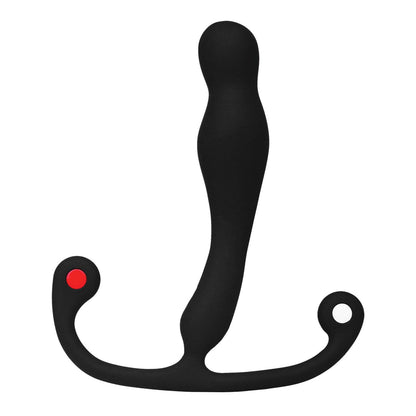 The Aneros Trident Series Prostate Stimulator Eupho Syn Trident, by Aneros, is a black sculpted device with a curved base and elongated center. Featuring red and white dots on opposite ends, its designed for enhanced pleasure and achieving a male G-spot orgasm.