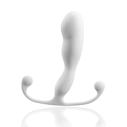 The Aneros Trident Series Prostate Stimulator - Helix is a white ergonomic massager with a smooth, curved design and dual rounded ends. Its central contour resembles a sculpture on a plain backdrop, making it an elegant addition to any p-spot massager collection.