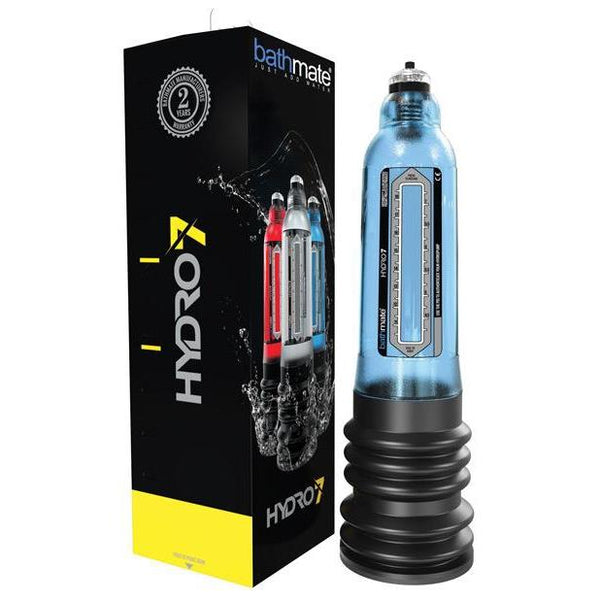 Image of a Bathmate Hydro 7 penis pump in blue, accompanied by black and yellow packaging with splash design. The box emphasizes a 2-year warranty. The device includes a clear measurement gauge and ribbed base for improved performance.