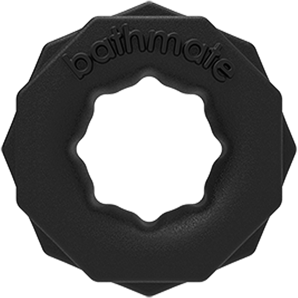 The Bathmate Spartan Cock Ring, offered by Adams Toy Box, features a black rubbery hexagonal design with a central wavy hole. Bathmate is embossed on its slightly rounded edges, making it perfect for those exploring male rings for enhanced performance.