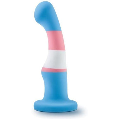 The Blush Avant P2 Silicone Plug - Trans Pride by Blush Novelties is a silicone toy with a curved shape and flared base, showcasing horizontal stripes in blue, pink, and white.