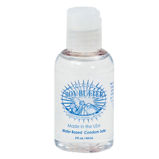 Boy Butter Clear is a 2 fl. oz. (60 ml) hypoallergenic water-based lubricant with a blue sunburst logo, made in the USA by Boy Butter. This condom-safe product offers a smooth silicone-alternative experience for safe enjoyment.
