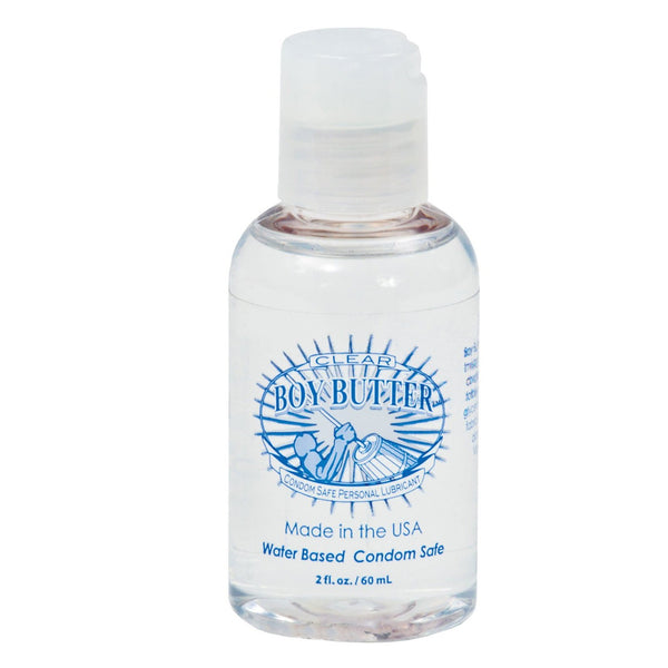 Boy Butter Clear is a 2 fl. oz. (60 ml) hypoallergenic water-based lubricant with a blue sunburst logo, made in the USA by Boy Butter. This condom-safe product offers a smooth silicone-alternative experience for safe enjoyment.