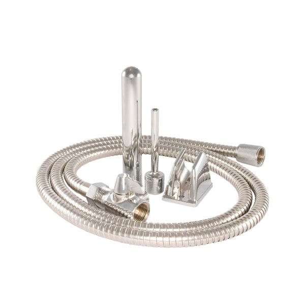 Meet the Cleanline Stainless Steel Shower Bidet, flaunting a sleek coiled metallic design with chrome attachments like a nozzle, spray wand, and wall mount. Made of medical grade stainless steel, this elegant ensemble is beautifully displayed on a crisp white background.