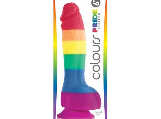 The image features the Colours Pride Edition 6 Dong w/Suction Cup by NS Novelties, a vibrant silicone dildo with rainbow hues. Crafted from body-safe silicone, it boasts a suction cup base and is shown at actual size.