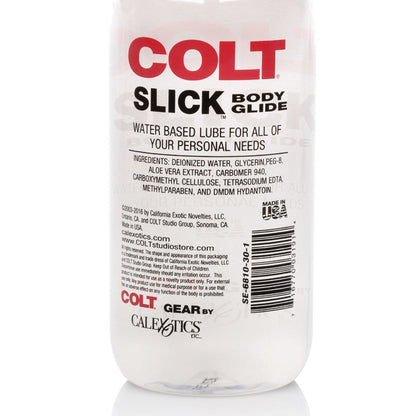 A Colt Slick Personal Lube bottle is shown. The label lists ingredients like deionized water and aloe vera extract. Made by CalExotics in the USA, this water-based lubricant is designed for personal use.