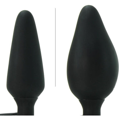 The Colt XXL Pumper Plug by California Exotic Novelties is a black silicone butt plug featuring a tapered tip, shown in deflated and inflated states to highlight its impressive size expansion.