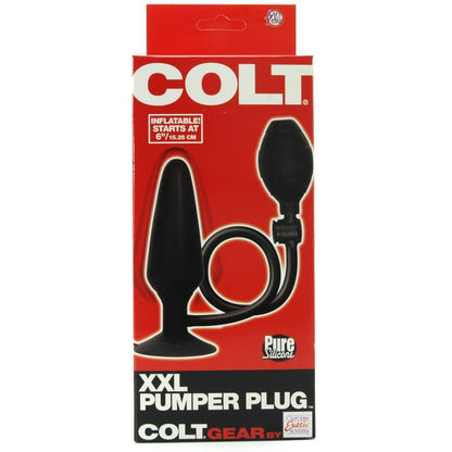 The box for the Colt XXL Pumper Plug by California Exotic Novelties, against a red background, features a black silicone inflatable design starting at 6”/15.25 cm. It highlights Pure Silicone and shows an image of the tapered tip plug with an attached pump for customization.