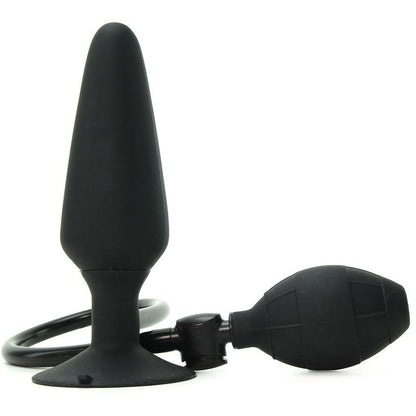 The Colt XXL Pumper Plug by California Exotic Novelties is a black silicone inflatable plug with a tapered tip for comfortable insertion and an attached pump for customizable inflation, elegantly displayed on a white background.