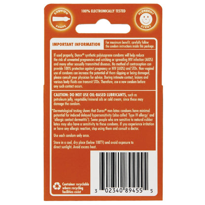 The back of a Durex Avanti Real Feel Non Latex Condoms, Pack of 3, displays usage instructions, disease warnings, and advises against oil-based lubricants. It highlights polyisoprene material for enhanced sensation. The barcode and recycling details are at the bottom.