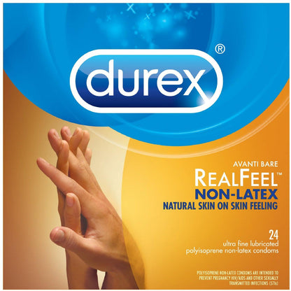 The Durex Avanti Real Feel Non-Latex Condoms pack of 3 promotes a Natural Skin on Skin Feeling with ultra-fine, lubricated polyisoprene condoms. The design includes a hand image and product info, plus safety warnings for assurance.