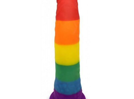 The Gay Pride 5.5 Dildo by Adams Toy Box features a secure suction base and a striped design with vibrant rainbow colors: red, orange, yellow, green, blue, and purple.