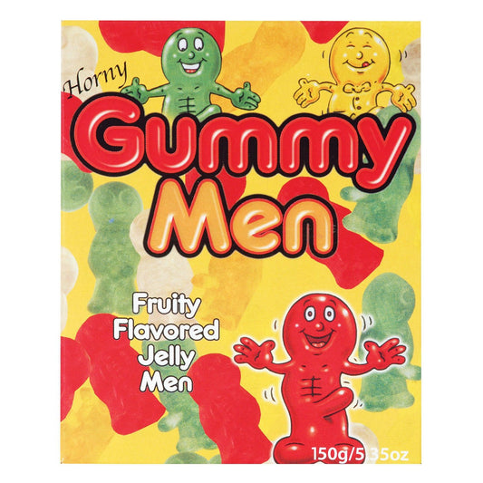 The vibrant packaging of OMG Internationals Horny Gummy Men Candy features playful, naughty jelly figures in green, red, and yellow with the text Mouth-Watering Fruity Flavored Jelly Men. Weighing 150g/5.3oz, these gummies ensure a fun treat for any occasion.