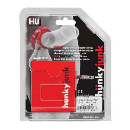 Packaging of the Hunky Junk Cog Ring 2 Size Double Pack in tarstone color highlights super-stretch, versatile c-rings made from a plus+silicone TPR blend, offering enhanced flexibility.