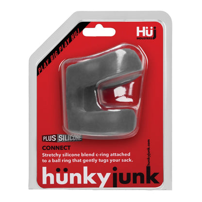 The Hunky Junk Connect Cock Ring w/Balltugger by Hunky Junk comes in transparent packaging, highlighting its stretchy plus+silicone blend and innovative ball tugger design.