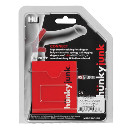 The image shows the Hunky Junk Connect Cock Ring w/Balltugger packaging in red and gray, promising quality and comfort. The product is a plus+silicone cock ring for personal use, made in China, by Hunky Junk.