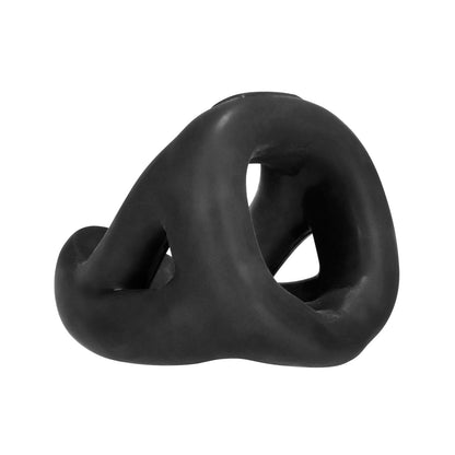 The Hunky Junk Slingshot 3 Ring Teardrop by Hunky Junk is a black, matte-finished abstract sculpture with a smooth, intertwined loop design elegantly resting on its unique teardrop base.