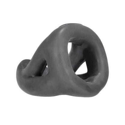 The Hunky Junk Slingshot 3 Ring Teardrop, by Hunky Junk, is a black abstract sculpture with intertwining loops and curves ending in a teardrop base. Made from premium plus+silicone, it stands against a white background highlighting its elegant form.