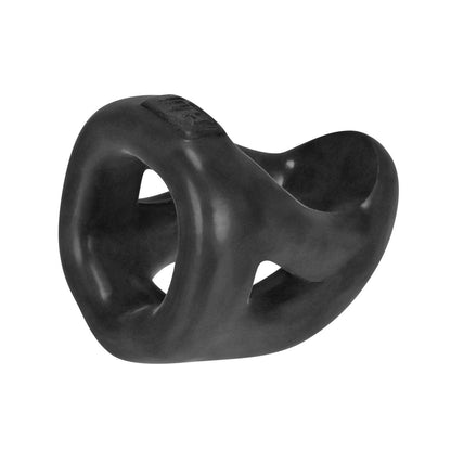 The Hunky Junk Slingshot 3 Ring Teardrop is a black, contoured rubber object with smooth, curved edges and a teardrop base. It features two large openings, adding versatility to this sleek accessory from Hunky Junk.