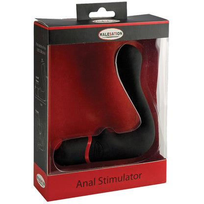 The Malesation Anal Stimulator, by Malestation, is showcased in a red and black package with a clear window revealing the sleek black device. Made from body-safe silicone and featuring ergonomic pleasure details, its product name is displayed at the bottom.