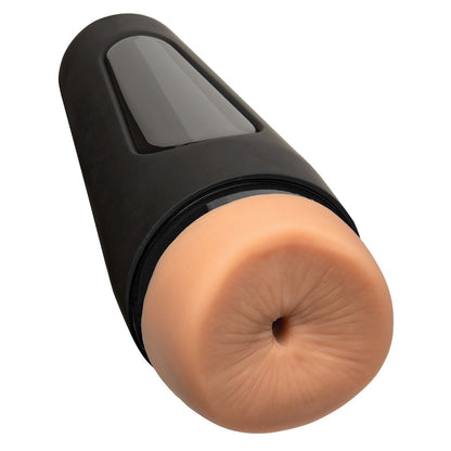 The Doc Johnson Man Squeeze ULTRASKYN Ass Stroker - Randy is a discreet black cylindrical device with a realistic, soft, skin-toned textured opening at one end.