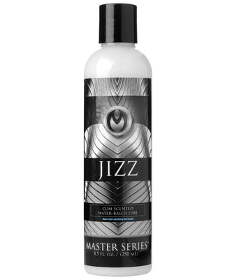 The Master Series Jizz Scented Lube by XR Brands, 8 oz., showcases a stylish black and white geometric design. It features a cum scented non-staining formula, perfect for those seeking authenticity without the mess.