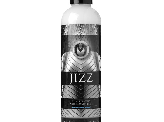 The Master Series Jizz Scented Lube by XR Brands, 8 oz., showcases a stylish black and white geometric design. It features a cum scented non-staining formula, perfect for those seeking authenticity without the mess.