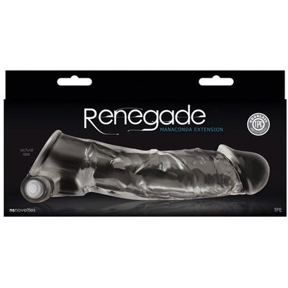 The NS Novelties Renegade Manaconda Penis Extender packaging features a transparent sleeve, designed for adult use. The box displays bold branding and specifies TPE material for enhanced comfort and quality.