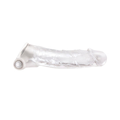 A translucent, textured cylindrical plastic object with a rounded end, resembling the NS Novelties Renegade Manaconda Penis Extender for enhanced experience.