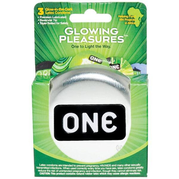 The ONE Glowing Pleasures Condoms - Box of 3 from ONE includes three FDA-approved, glow-in-the-dark latex condoms, each with premium lubrication and a reservoir tip. The packaging highlights fundraising efforts for HIV projects in Africa.