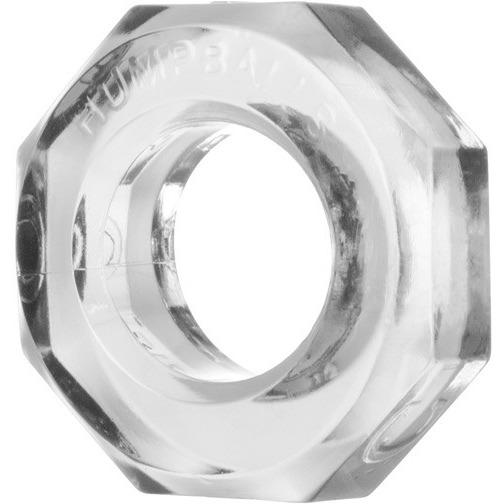 The Oxballs Humpballs Cockring, made by Oxballs, showcases a clear octagonal design with a hollow center. Crafted from SkinFlex-TPR for durability, its smooth edges provide a snug yet comfortable grip while reflecting light elegantly from different angles.