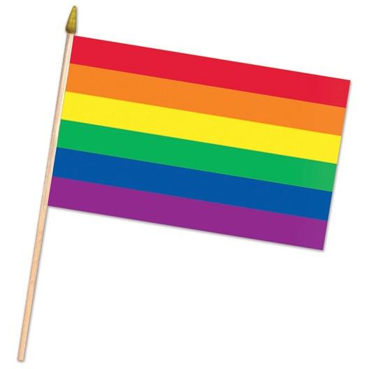 Adams Toy Box Rainbow Fabric Flag features horizontal stripes in red, orange, yellow, green, blue, and purple on a small flag attached to a wooden stick with a gold finial.