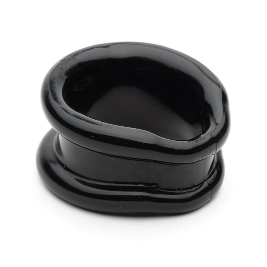 A smooth, glossy black ceramic bowl with a wide, thick rim has an abstract artistic form reminiscent of the Sport Fucker Slinger Ring, reflecting light on its shiny surface.