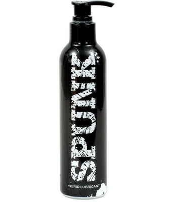 A black bottle of Spunk Hybrid Lube features a pump dispenser and bold white text. This water-based lubricant from Spunk Lube is condom-friendly, ensuring a smooth experience without compromise.
.