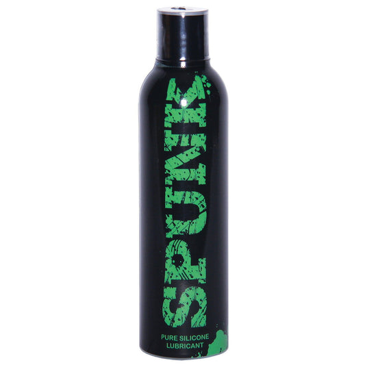 A black bottle of Spunk Lubes Spunk Pure Silicone Lube, featuring green text and a metallic cap. This sleek, long-lasting lubricant is hypo-allergenic, perfect for sensitive skin.