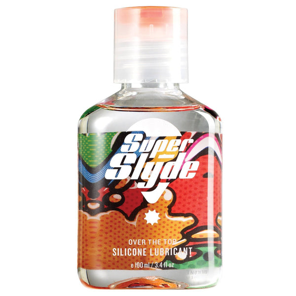 A 100 ml (3.4 fl oz) bottle of Adams Toy Boxs SuperSlyde Silicone Lubricant features a vibrant label with Over the Top and Silicone Lubricant. Ideal for sensitive skin, it offers a long-lasting experience.