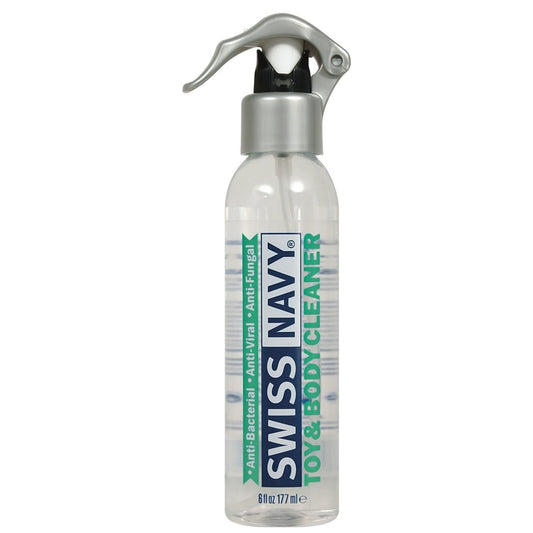 The Swiss Navy Toy & Body Cleaner - 6oz is a transparent spray bottle with a silver nozzle, boasting Anti-Bacterial, Anti-Viral, Anti-Fungal properties. Ideal as both a toy and body cleaner.