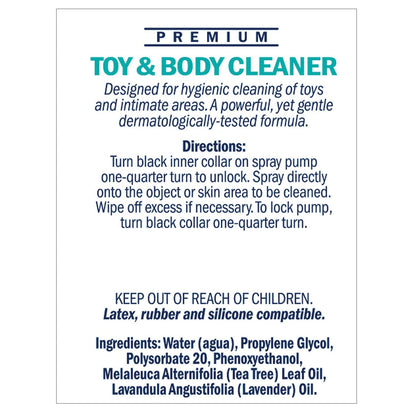 Label for Swiss Navy Toy & Body Cleaner - 6oz includes instructions: unlock, spray, and wipe. Warnings: keep away from children; safe with latex and silicone. Contains lavender and tea tree oils. Brand: Swiss Navy.