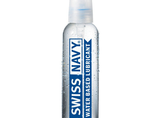 A 2 fl oz (59 ml) Swiss Navy Water Based Lube bottle features a pump dispenser for easy use. The transparent plastic bottle, labeled in blue and white with the brand name, is travel-friendly and ideal for on-the-go natural lubrication supplementation.
