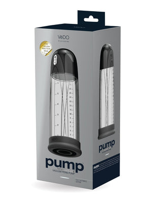 The VeDO Pump Rechargeable Vacuum Penis Pump box, mostly gray, displays an image of the pump featuring a black base and transparent chamber. It promotes thicker and harder erections with visible branding and labels.