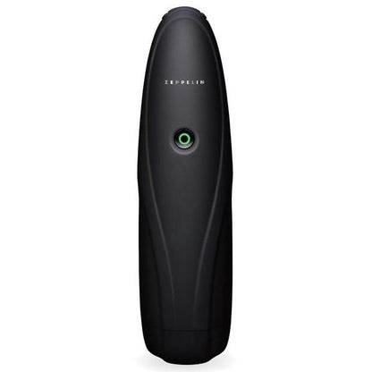 The ZOLO Zeppelin by Zolo is a sleek black, oval-shaped male masturbator with a small green button in the center and Zeppelin printed near the top. It features a luxurious, minimalist design with multi-function rotating action for an enhanced experience.